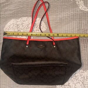 Coach Signature Brown Tote Bag with Red Trim
